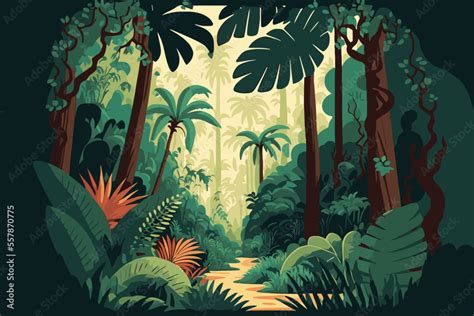 Jungle Background Vector Flat Color Cartoon Illustration Bright Jungle