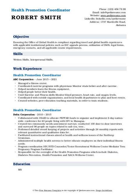 Health Promotion Coordinator Resume Samples Qwikresume