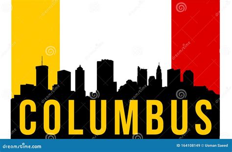 Columbus City Skyline and Landmarks Silhouette, Black and White Design with Flag in Background ...