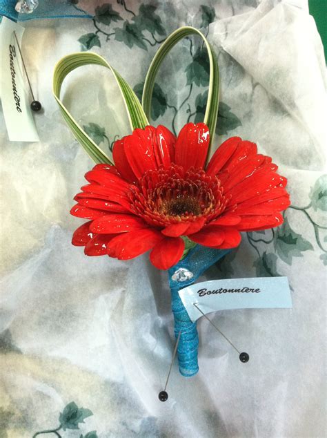 Red Gerber Daisy with aquamarine wrap diamond accent. lapel flower www ...