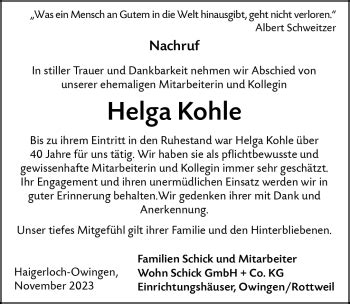 Traueranzeigen von Helga Kohle Schwarzwälder Bote Trauer