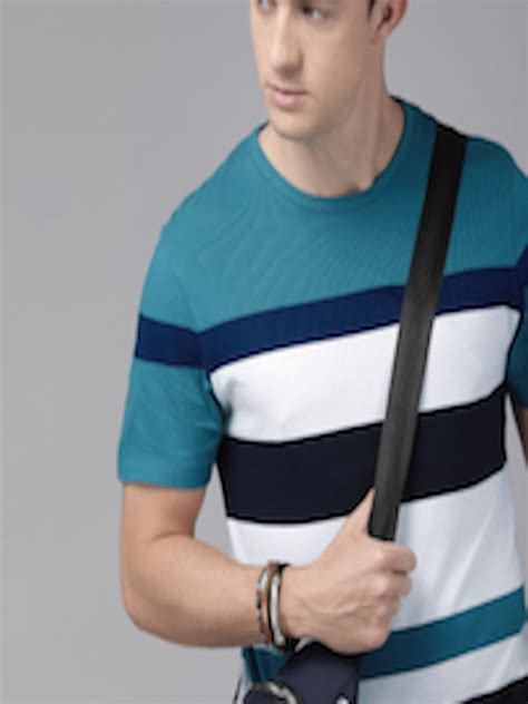 Buy Roadster Men Teal Blue White Striped Round Neck Pure Cotton T Shirt