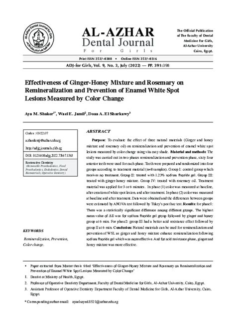 (PDF) Effectiveness of Ginger-Honey Mixture and Rosemary on Remineralization and Prevention of ...