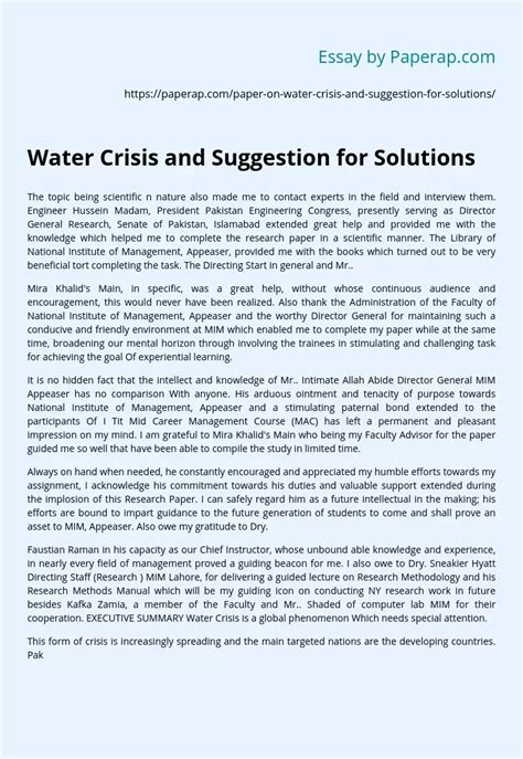 Water Crisis And Suggestion For Solutions Free Essay Example