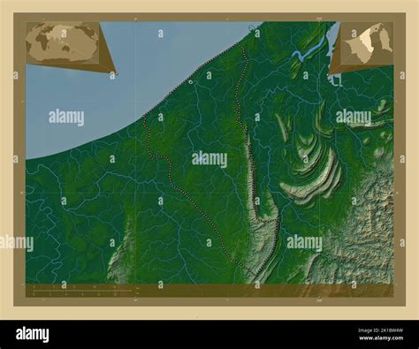 Tutong District Of Brunei Colored Elevation Map With Lakes And Rivers