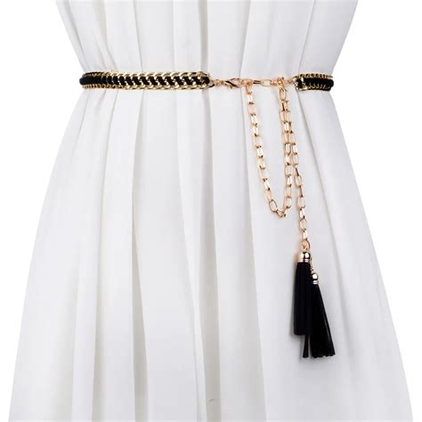 Fashion Thin Belt Metal Waist Chain Microfiber Tassel Match Dress Belts