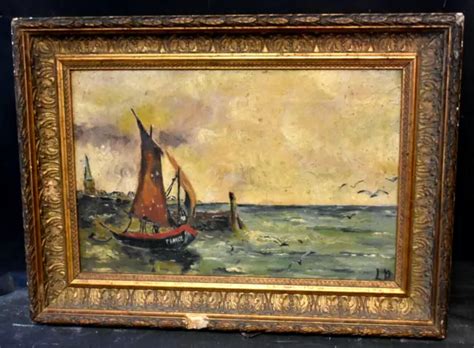 Tableau Ancien Marine Bord De Mer Bateaux Cole Fran Aise Sign Xix Me