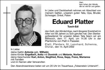 Traueranzeigen Von Eduard Platter Trauer Bz