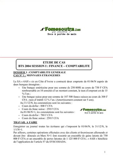 Sujet Corrig Etude De Cas Bts Finances Comptabilit