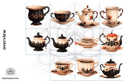 Autumn Tea Party Clipart Set Black And White Party Teacup Clipart Set