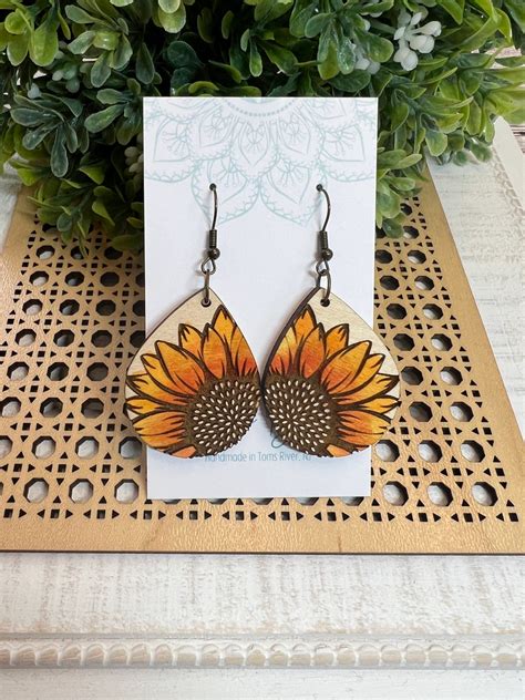 Sunflower Wood Painted Dangle Mandala Earring Boho Style Etsy