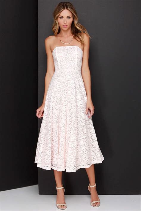 Delve Into Decadence Blush Pink Strapless Lace Midi Dress