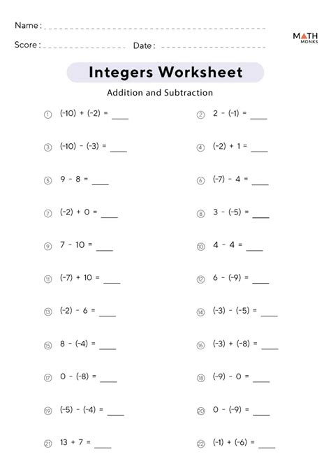 Integers Worksheets Math Monks