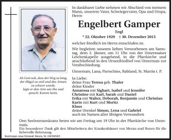 Traueranzeigen Von Engelbert Gamper Trauer Bz