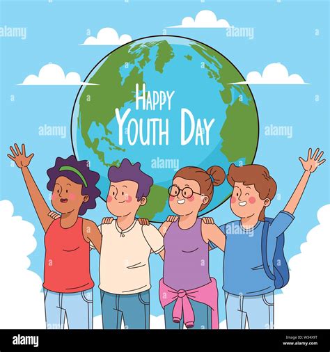 Happy Youth Day Card With Teenagers Cartoons Stock Vector Image Art