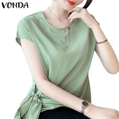 Vonda Women Korean Casual Short Sleeve Round Neck Solid Blouse Shopee