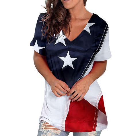 Mitankcoo American Flag T Shirt For Women Plus Size Usa Star Stripes Fourth July Tees Casual V