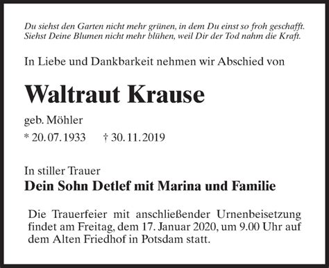 Traueranzeigen Von Waltraut Krause Trauer Anzeigen De