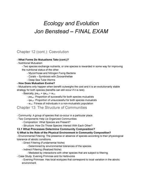 Final Exam Sg V Lecture Notes All Lectures Ecology And Evolution