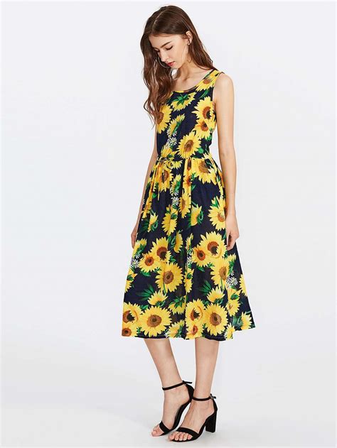 All Over Sunflower Print Swing Dress Sheinsheinside