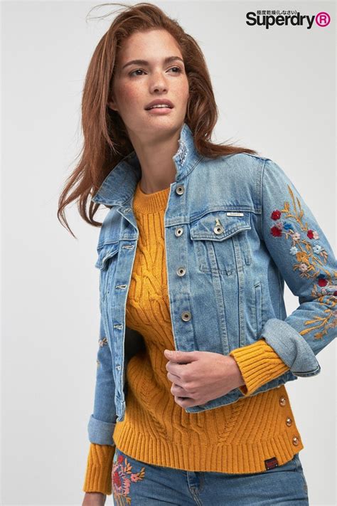 Womens Superdry Embroidered Denim Jacket Blue Embroidered Denim