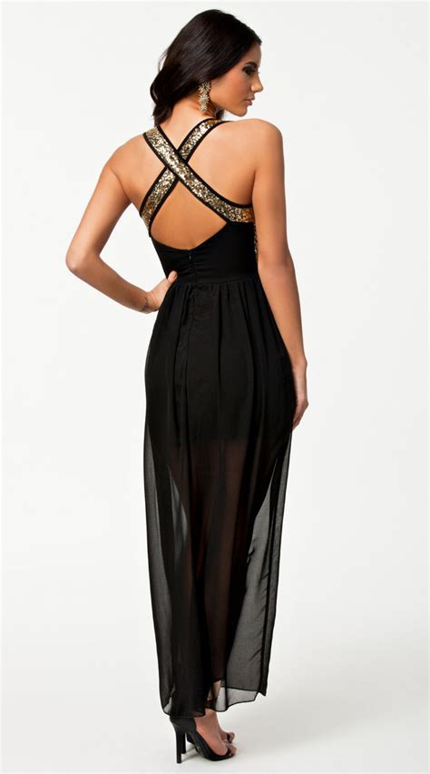 Sexy Deep V Black Chiffon Sequin Maxi Dress N8622