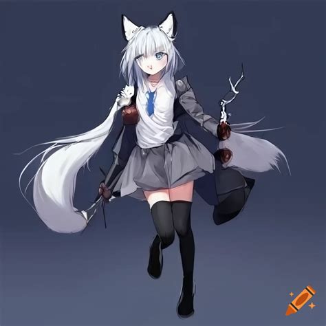 Full Length Anime Fox Girl With White Hair And Blue Eyes In Stylish