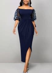 ROTITA Split Navy Off Shoulder Half Sleeve Bodycon Dress Rotita