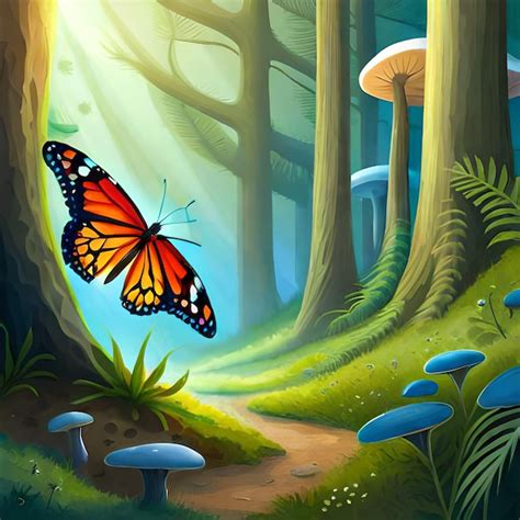 Una Pintura De Un Bosque Con Un Hongo Grande Y Una Mariposa En La Parte