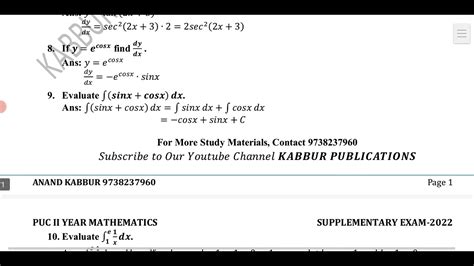 PUC II Year Maths August 2022 QP Solution YouTube