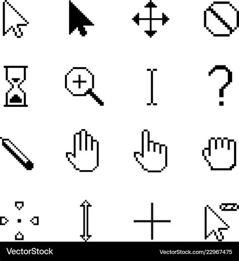 Pixel Cursor And Click Line Art Set Royalty Free Vector