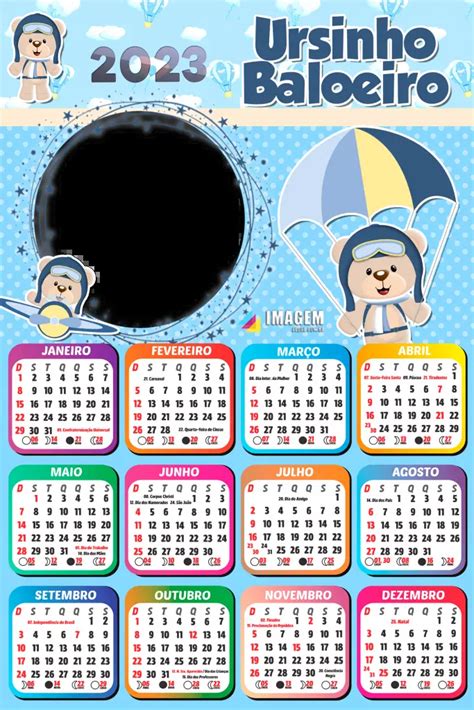 Calendário 2023 Ursinho Baloeiro Moldura Png Infantil Imagem Legal