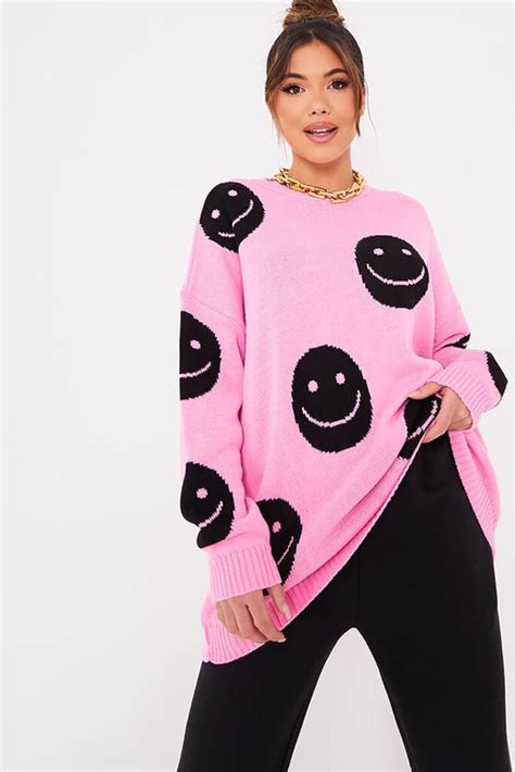 Pink Crew Neck Jumper With Smiley Face Print Knitwear Jumper I