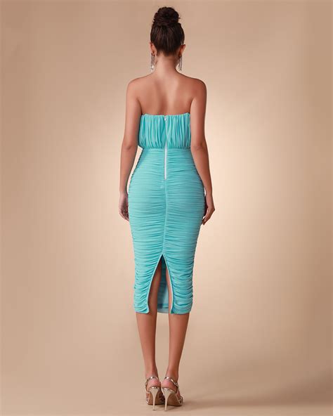 Blue Strapless Ruched Midi Dress Fp23080 Wolddress