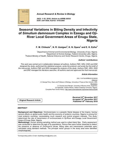 Pdf Seasonal Variations In Biting Density And Infectivity Of Simulium