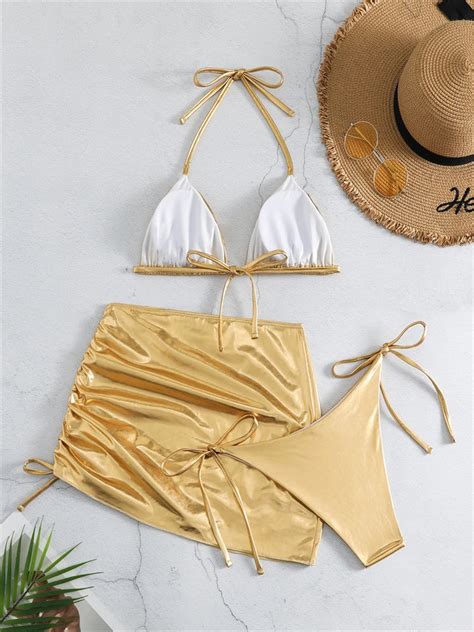 Gold Metallic String Bikini And Skirt Set On Luulla