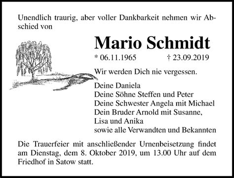 Traueranzeigen Von Mario Schmidt Trauer Anzeigen De