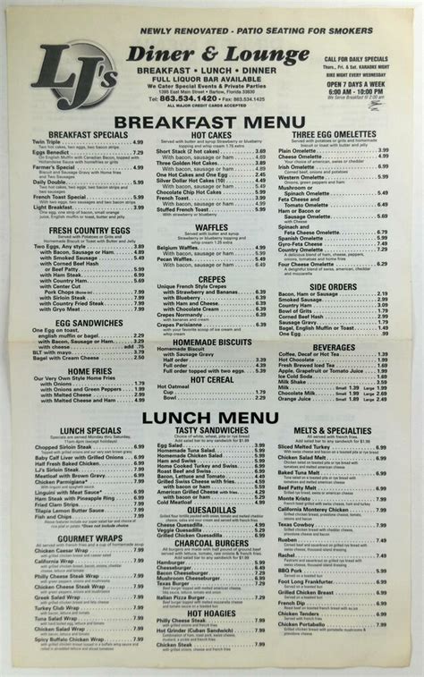 1980s Original Menu Ljs Diner And Lounge Restaurant Bartow Florida