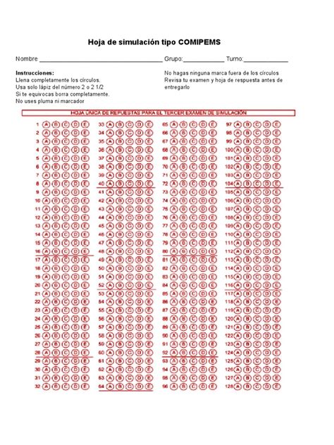 Hoja De Respuestas Simulación Tipo Comipems Pdf