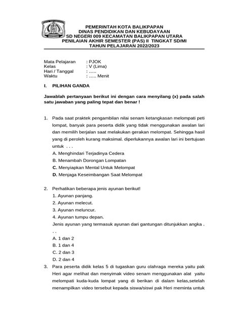 Soal Pilgan Dan Isian Pjok Pas Ii Kelas 5 Pdf