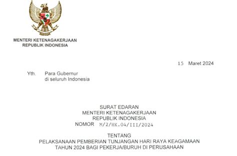 Terbitkan Edaran THR Keagamaan 2024 Menaker Harus Dibayar Penuh Tak