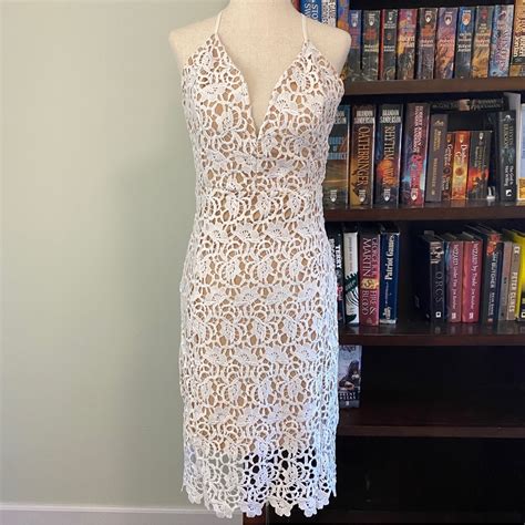 Joa White And Nude Deep V Neck Crochet Midi Dress Gem