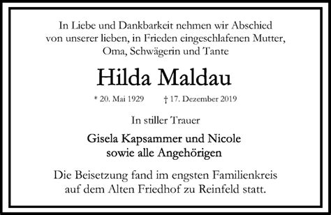 Traueranzeigen Von Hilda Maldau Trauer Anzeigen De