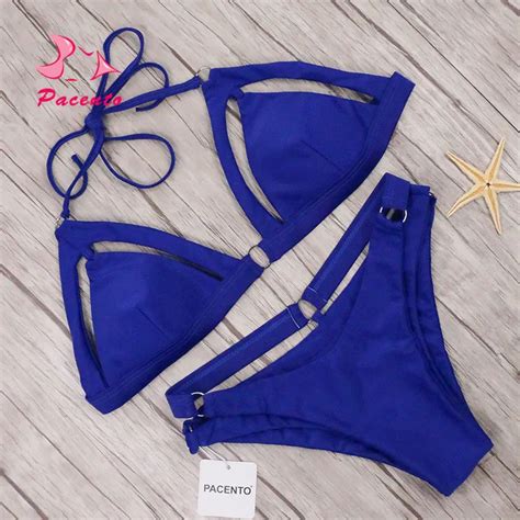 Pacento Halter Bikini Set Solid Swimwear Sexy Cross Strappy Swimsuit