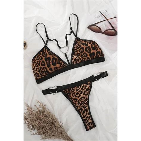 Sexy Women Leopard Heart Ring Bra And Panty Lingerie Set