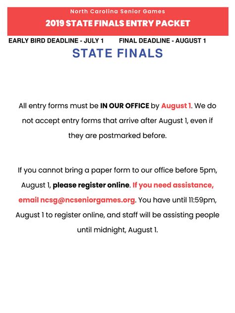 Fillable Online North Carolina Senior Games State Finals Official