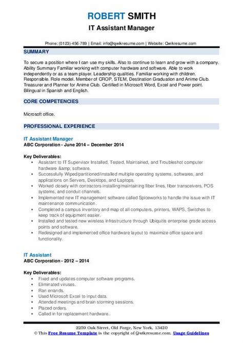 It Assistant Resume Samples Qwikresume