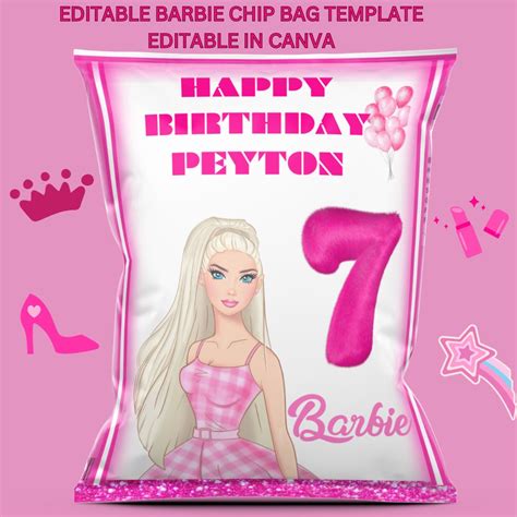 Barbie Chip Bag Template Birthday Chip Bag Chip Bag Template Canva Editable Chip Bag Label