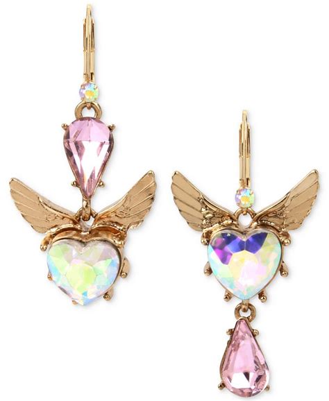 Betsey Johnson Gold Tone Pink And Iridescent Stone Winged Heart Mismatch