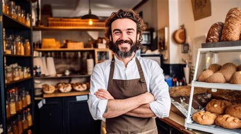 Premium Ai Image Confident Baker Smiles Beside Freshly Baked